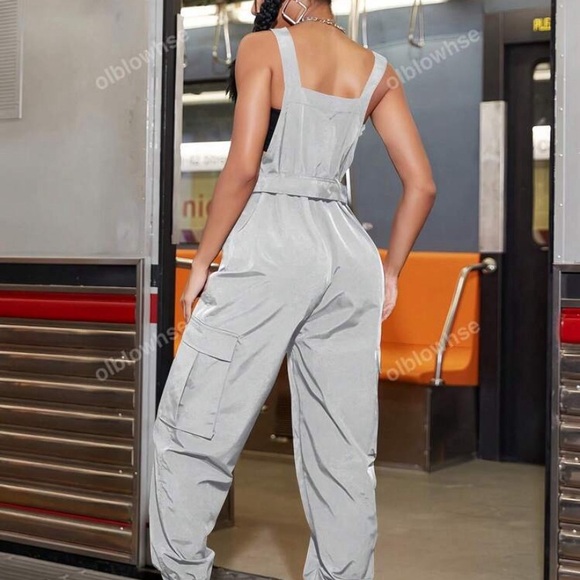 Stylish Silver Overalls Street Flap Pocket Side Belt Cargo Jumpsuit Without Top - Picture 5 of 9